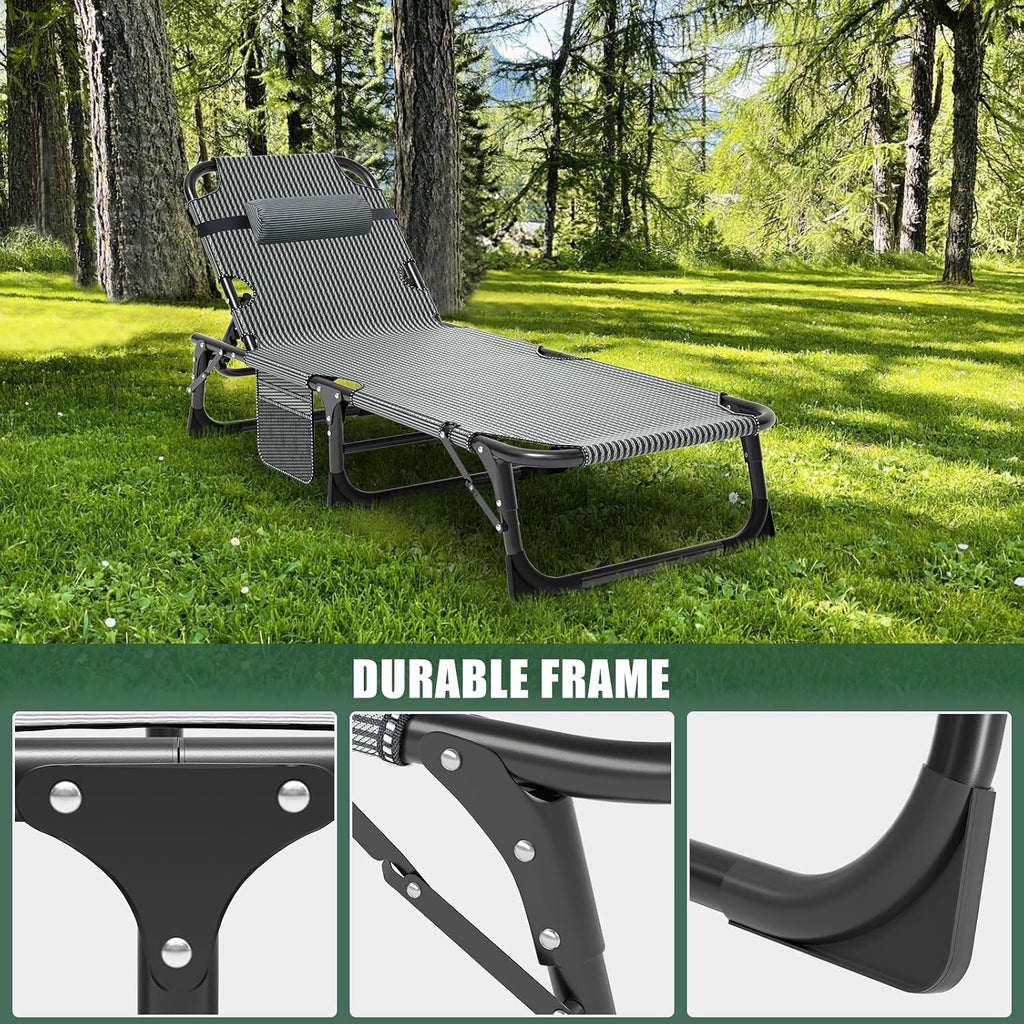 LILYPELLE Folding Outside Chaise Lounge Chair with Mattress, 5 Position Adjustable Patio Folding Lounge Chair Reclining Chairs Perfect for Sunbathing, Camping, Pool, Beach, Patio