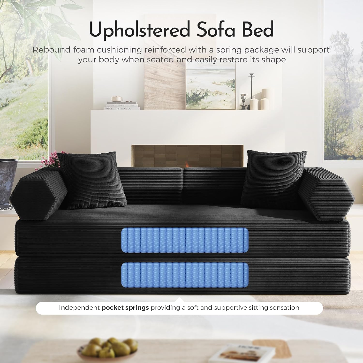 79'' Convertible Sofa Bed, 5-in-1 Folding Sleeper Couch with Pull Out Bed, Corduroy Modular Floor Sofa, No Assembly Space Saving Guest Bed for Living Room Apartment Bedroom (Black)