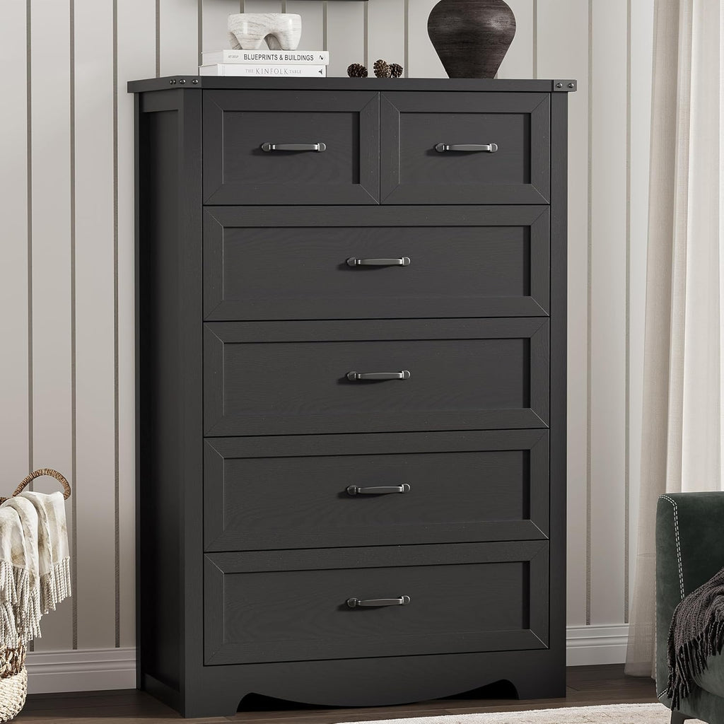 Dresser for Bedroom with 6 Drawers, 49' Tall Wood Chest of Drawers with Deep Drawers & Mental Handle, Modern Dresser TV Stand, Wooden Closet Storage Organizer for Living Room, Hallway, Entryway, Black