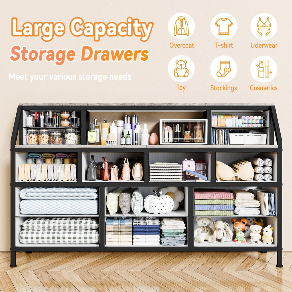 Dresser for Bedroom, 55' TV Stand with 14 Drawers, Long Dresser & Chests of Drawers with Shelves & Sturdy Metal Frame & Wood Top (Greige)