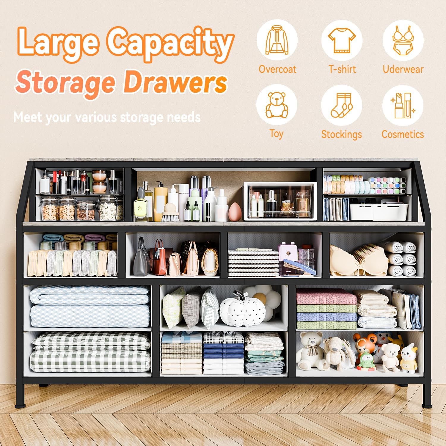 Dresser for Bedroom, 55' TV Stand with 14 Drawers, Long Dresser & Chests of Drawers with Shelves & Sturdy Metal Frame & Wood Top (Greige)