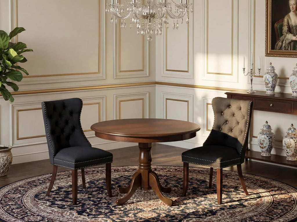 East West Furniture HLDA3-MAH-12 3 Piece Dining Table Set Contains a Round Kitchen Table with Pedestal and 2 Polyester Fabric Upholstered Parson Chairs, 42x42 Inch, Mahogany