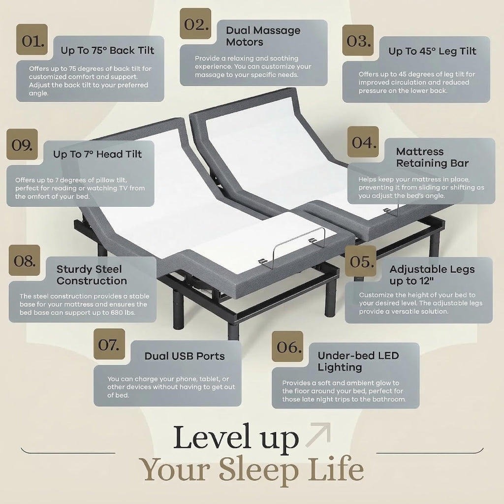 Sven & Son Harmony Adjustable Bed Base, Head and Foot Lift, Massage, Under-Bed Lights, USB, Gel Memory, Zero Gravity Smart Frame - King + 12 inch Memory Foam Matt (Medium)