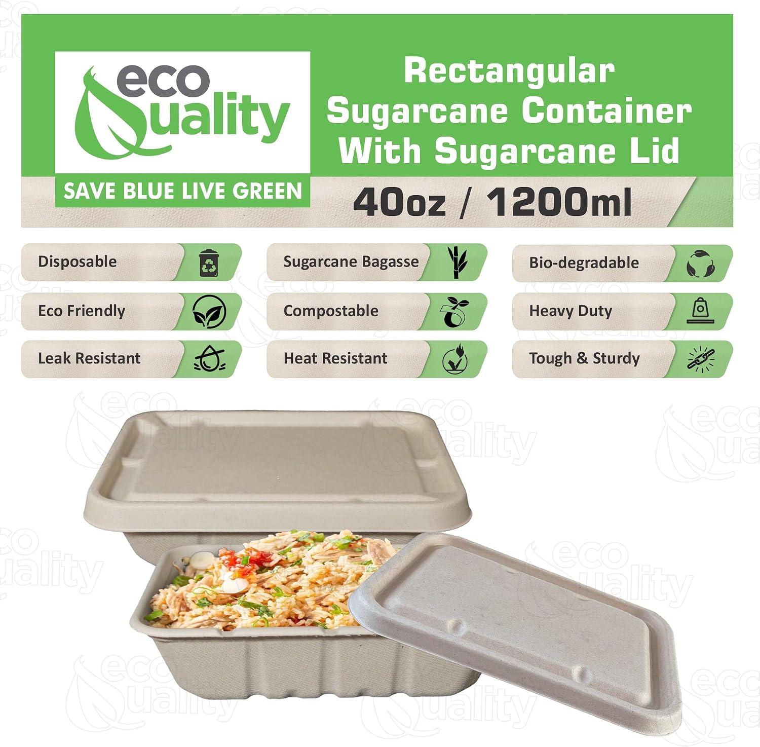 EcoQuality 40oz Disposable Bowls with Fiber Lids - Rectangular Compostable Sugarcane Fiber Biodegradable Paper Bowls Eco-Friendly Take Out Food Storage Containers, Microwave Safe, Meal Prep (400 PACK)