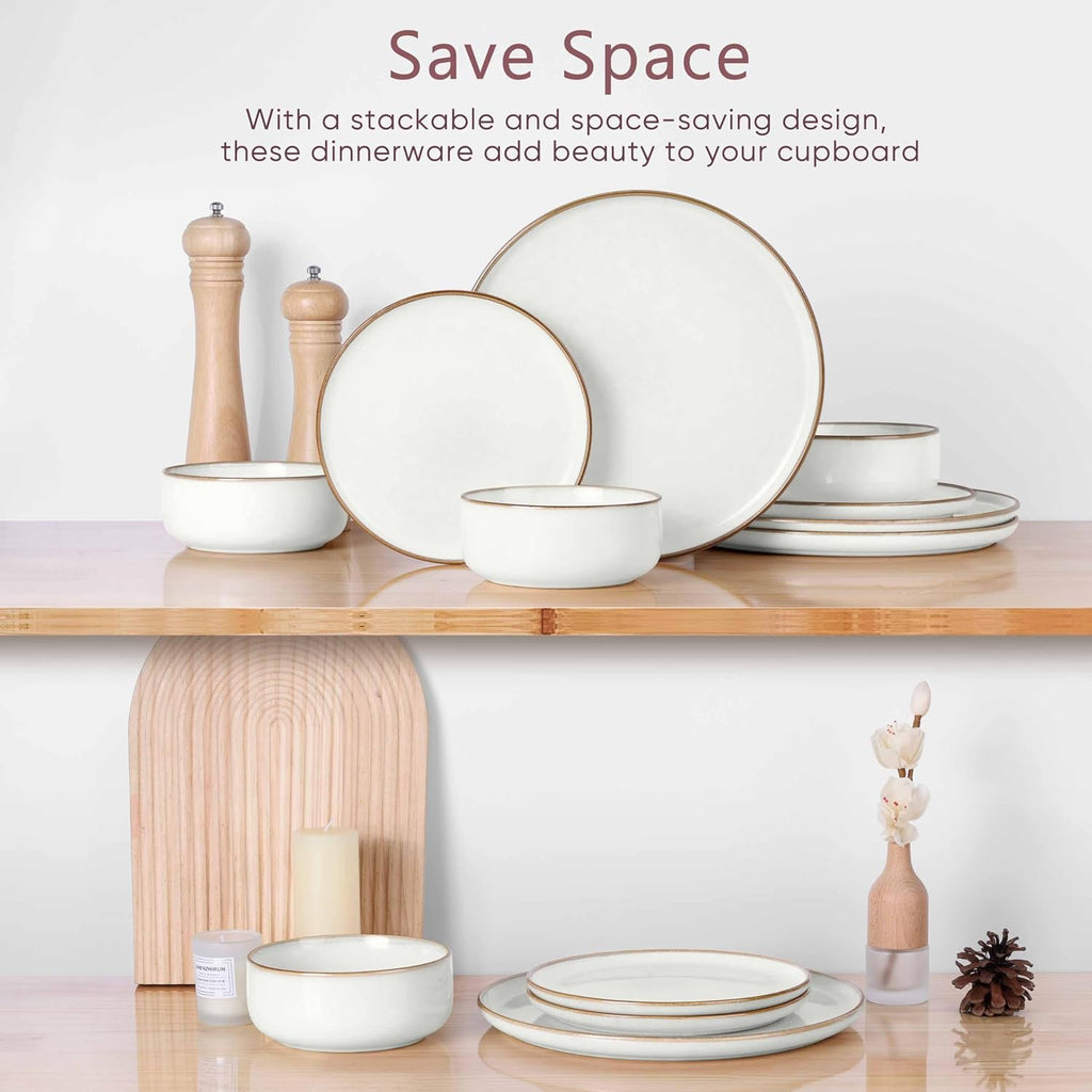 Herogo 24 Pieces Stoneware Dinnerware Dishes Sets for 8, Kitchen Handmade Dining Plates and Bowls Sets, Double Reactive Glaze, Microwave & Dishwasher Safe, Scratch Resistant, Ivory White