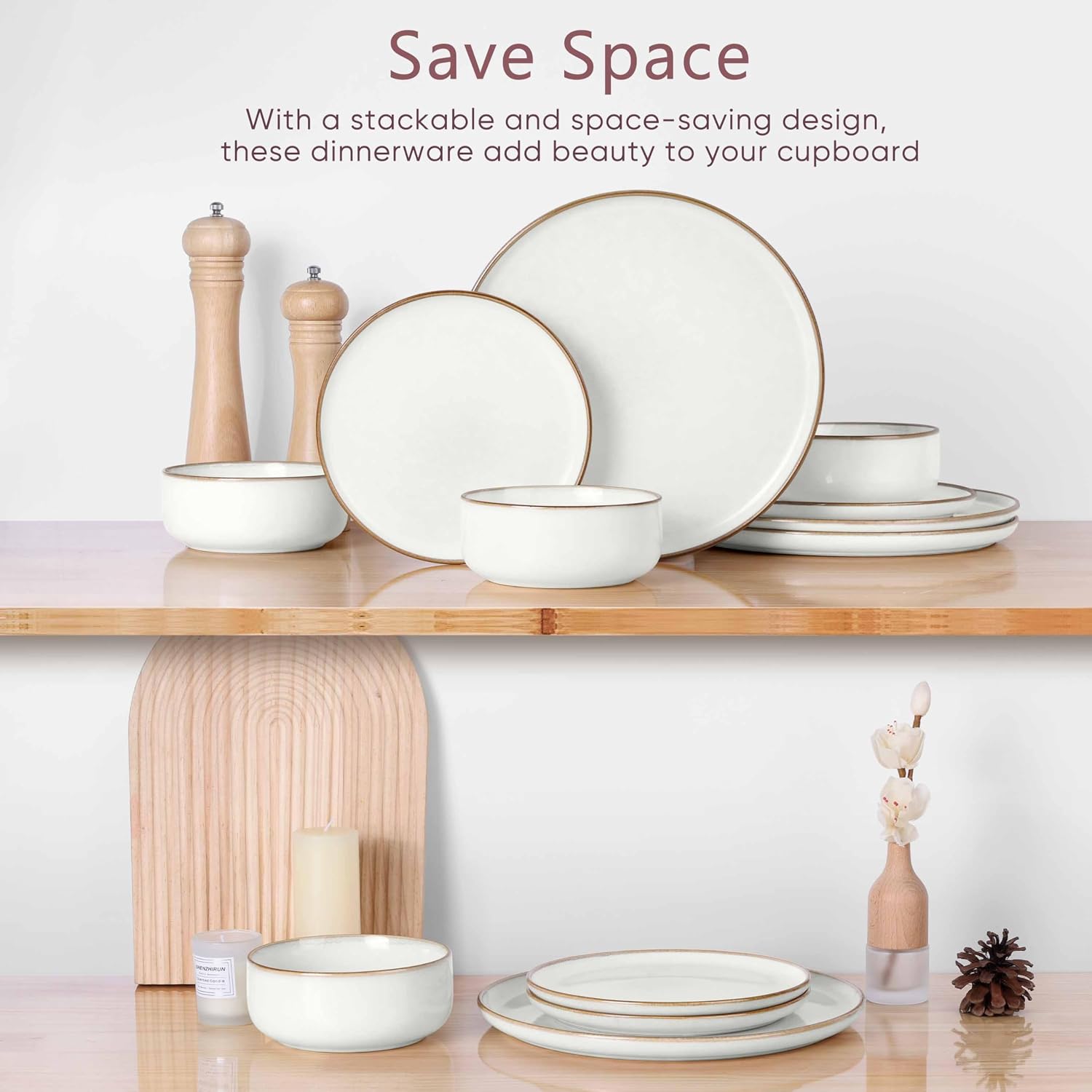 Herogo 24 Pieces Stoneware Dinnerware Dishes Sets for 8, Kitchen Handmade Dining Plates and Bowls Sets, Double Reactive Glaze, Microwave & Dishwasher Safe, Scratch Resistant, Ivory White