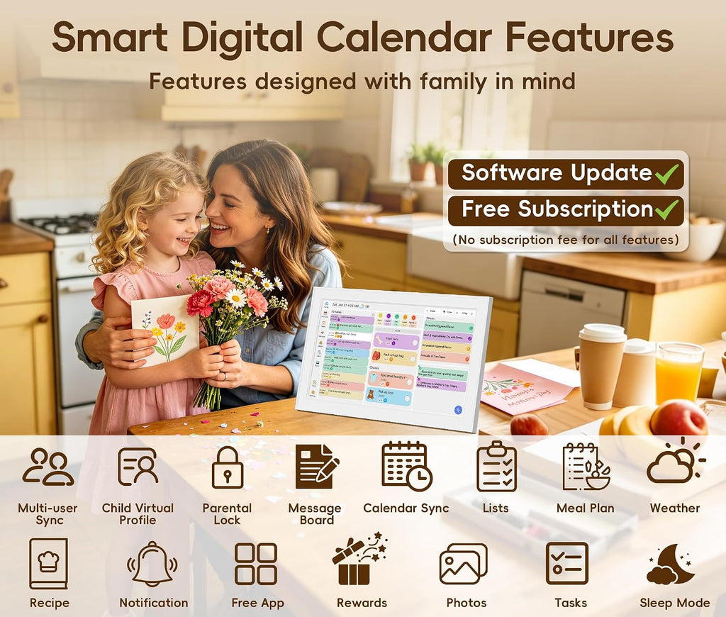 Digital Calendar, 15.6-inch Smart Family Calendar with Touch Screen, No Subscription, Family Wall Planner & Chore Chart, Interactive HD Display for Family Schedules, Meal Planning, Photo Display, Desktop & Wall Mount