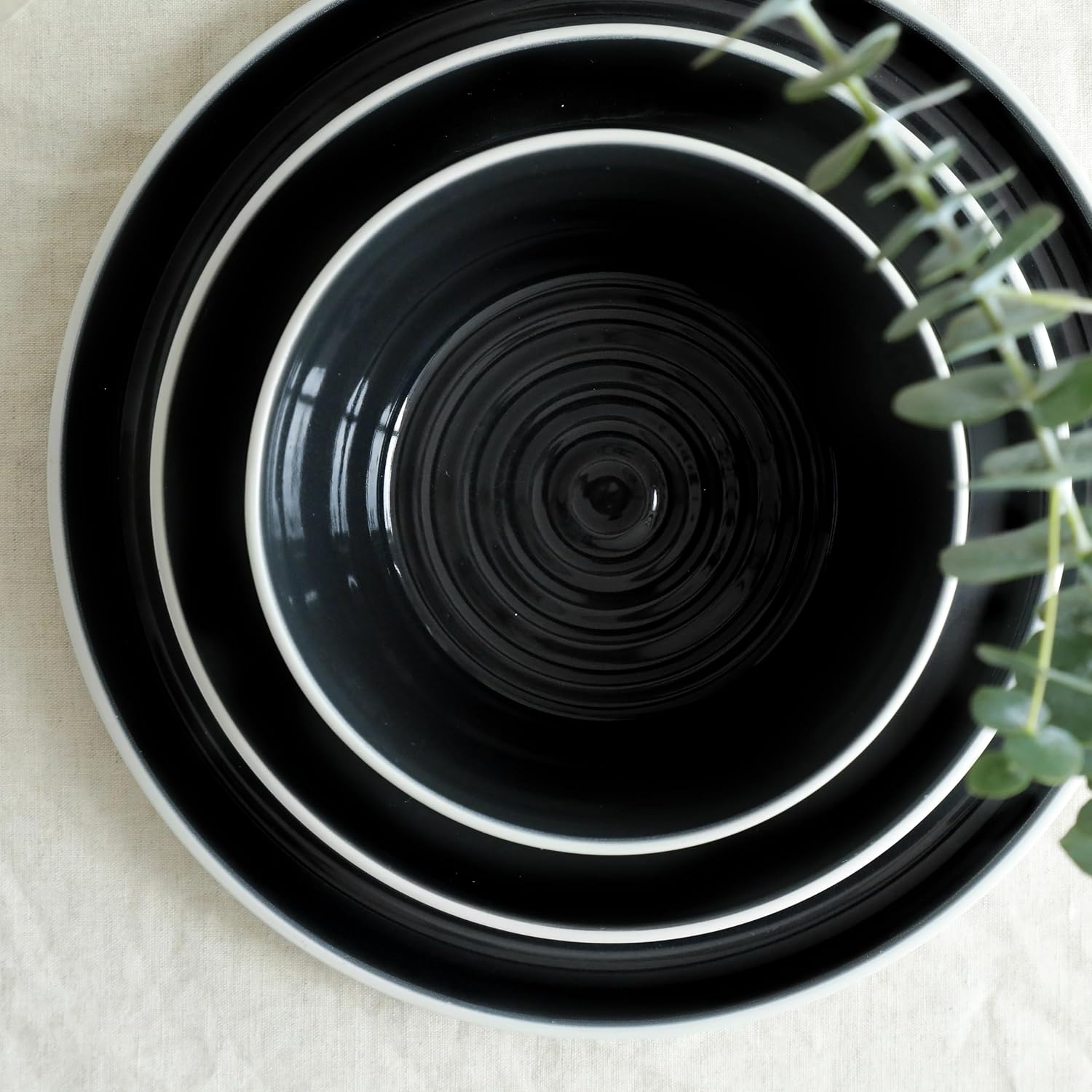 Stone Lain Elica 24-Piece Modern Dinnerware Set Stoneware, Plates and Bowl Sets for 8, Black and Beige
