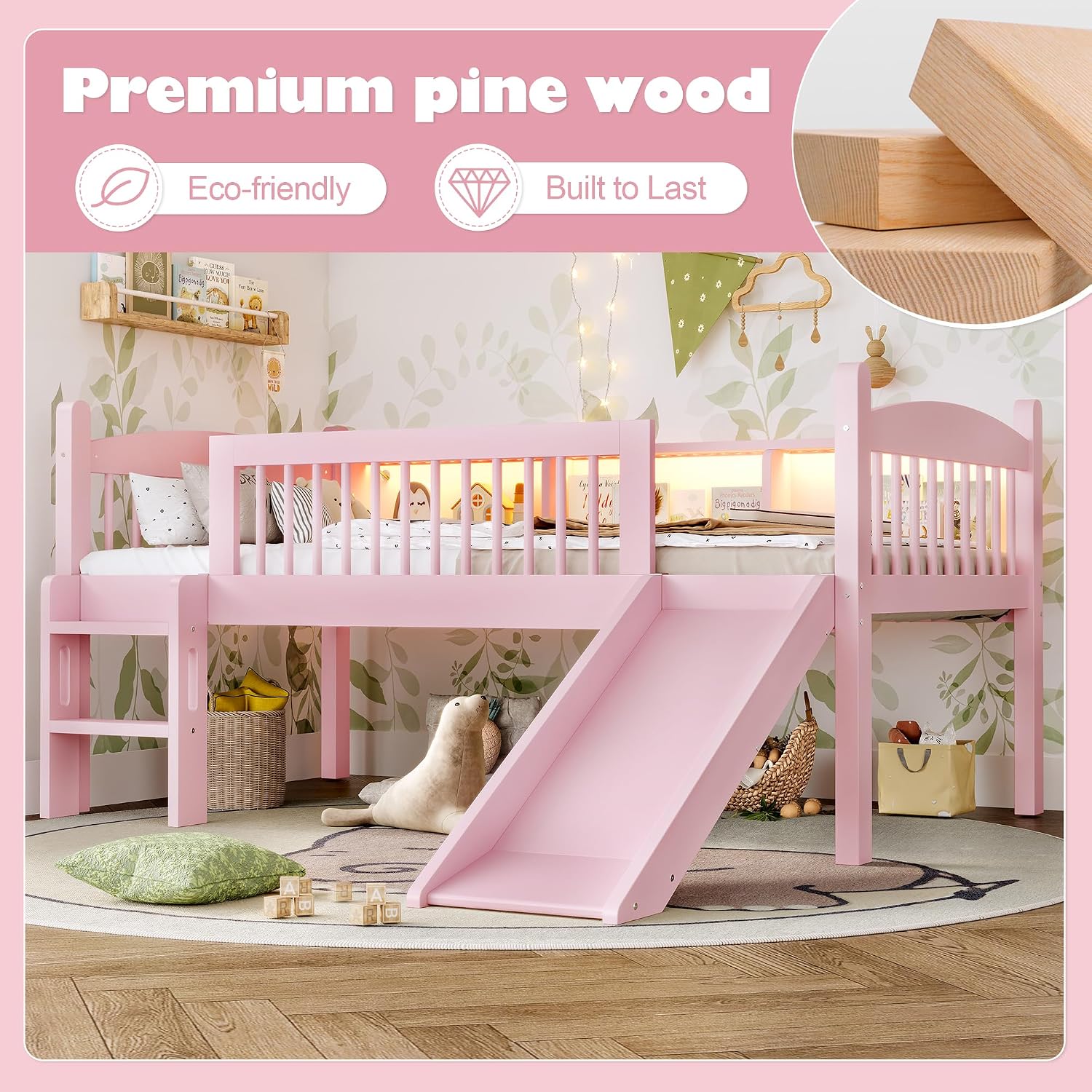 JIVOIT Twin XL Loft Bed with Storage Shelves, Solid Wood Lower Loft Bed with Full-Length Guardrails, Wood Slats Support, Space-Saving Design, No Box Spring Needed (Pink,Twin XL,51)