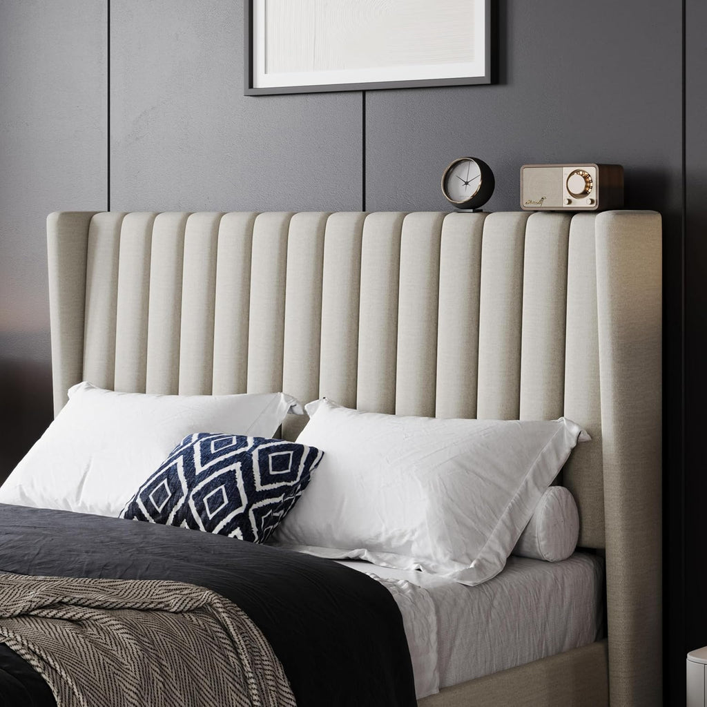 Yaheetech Full Bed Frame Upholstered Platform Bed with Fabric Headboard, Wing Edge Design/Non-Slip and Noise-Free/Wooden Slats Support/No Box Spring Needed/Easy Assembly, Ivory Full Bed