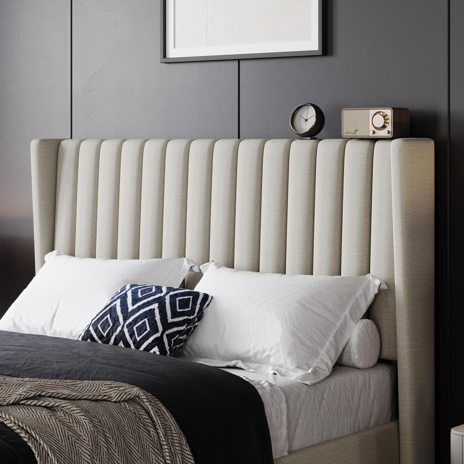 Yaheetech Full Bed Frame Upholstered Platform Bed with Fabric Headboard, Wing Edge Design/Non-Slip and Noise-Free/Wooden Slats Support/No Box Spring Needed/Easy Assembly, Ivory Full Bed