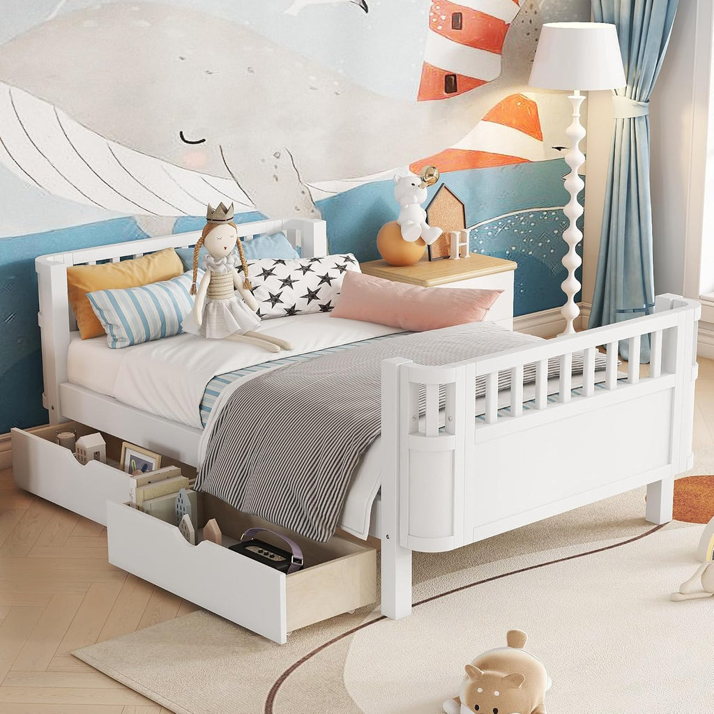 Harper & Bright Designs Twin Size Low Platform Bed Frame, Daybed with Fence and Drawers, Low Profile Bed for Bed Room, White