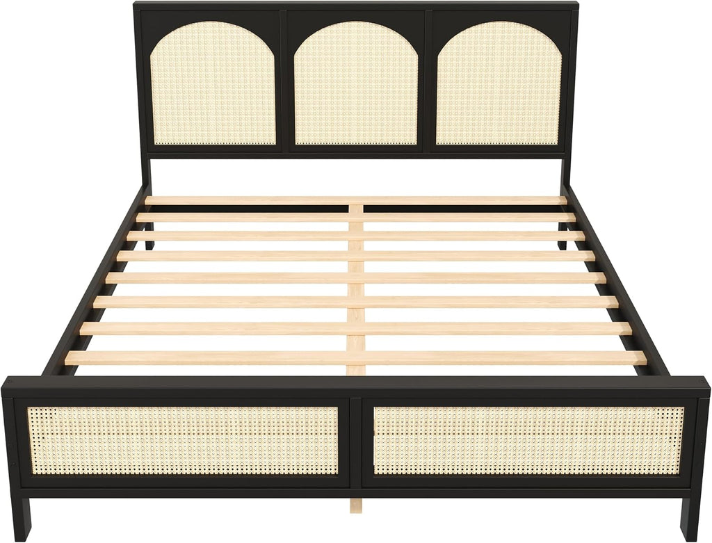 JIVOIT King Size Platform Bed with Rattan Headboard and Footboard, Wood Platform Bed Frame with Wood Slats Support, No Box Spring Needed, Easy Assembly (Black+Beige,King)
