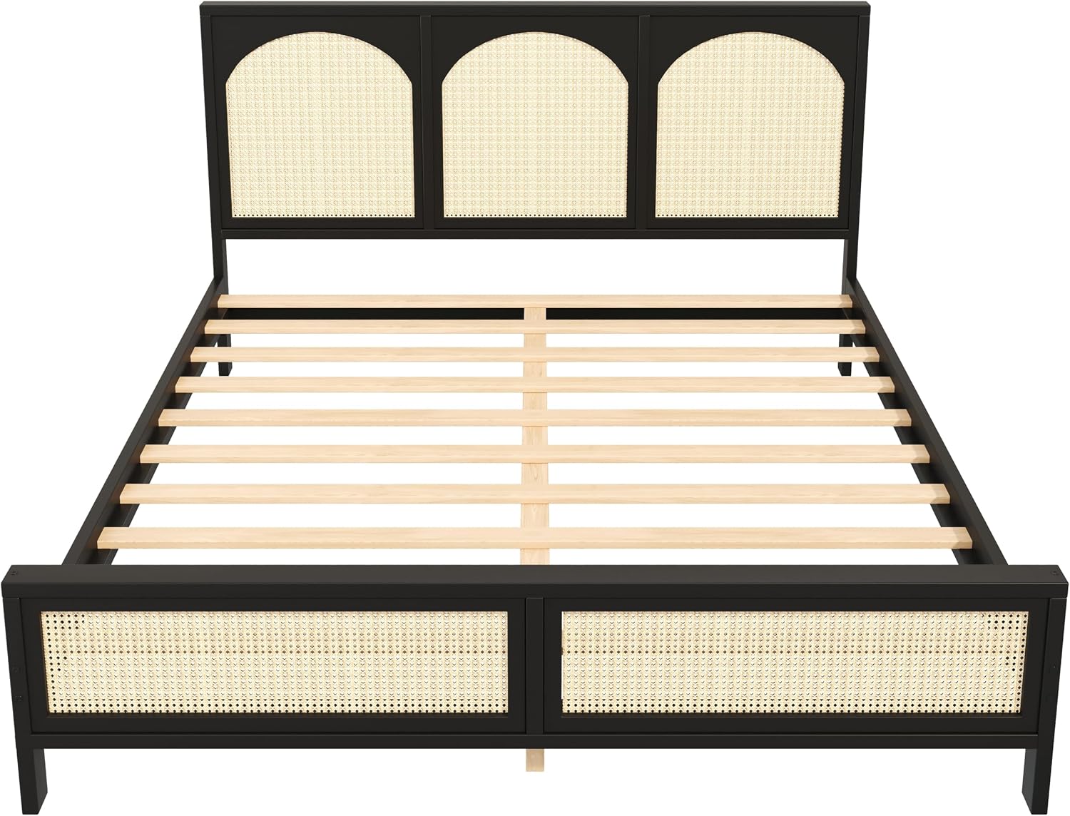 JIVOIT King Size Platform Bed with Rattan Headboard and Footboard, Wood Platform Bed Frame with Wood Slats Support, No Box Spring Needed, Easy Assembly (Black+Beige,King)