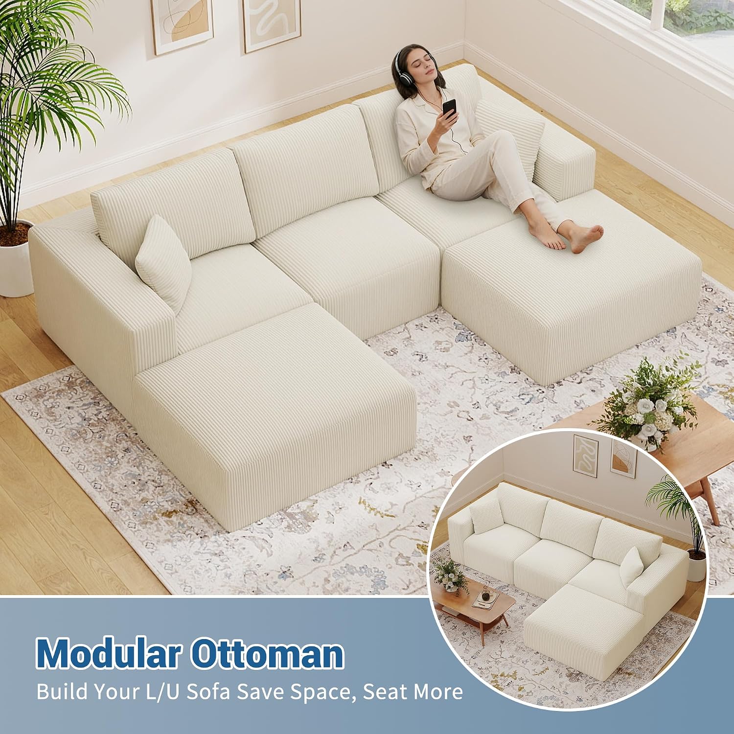 40' Oversized Large Square Corduroy Ottoman Pouf - Poofy Plush Foot Rest with Foam Chunk Filling, Movable Floor Pouf Footstool & Ottoman Coffee Table for Living Room Couch Bedroom, Beige (2 Pieces)