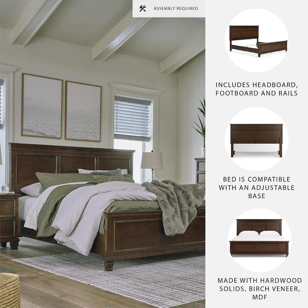 Signature Design by Ashley Danabrin Traditional King Panel Bed with Tapered Feet, Foundation or Box Spring Needed, Dark Brown