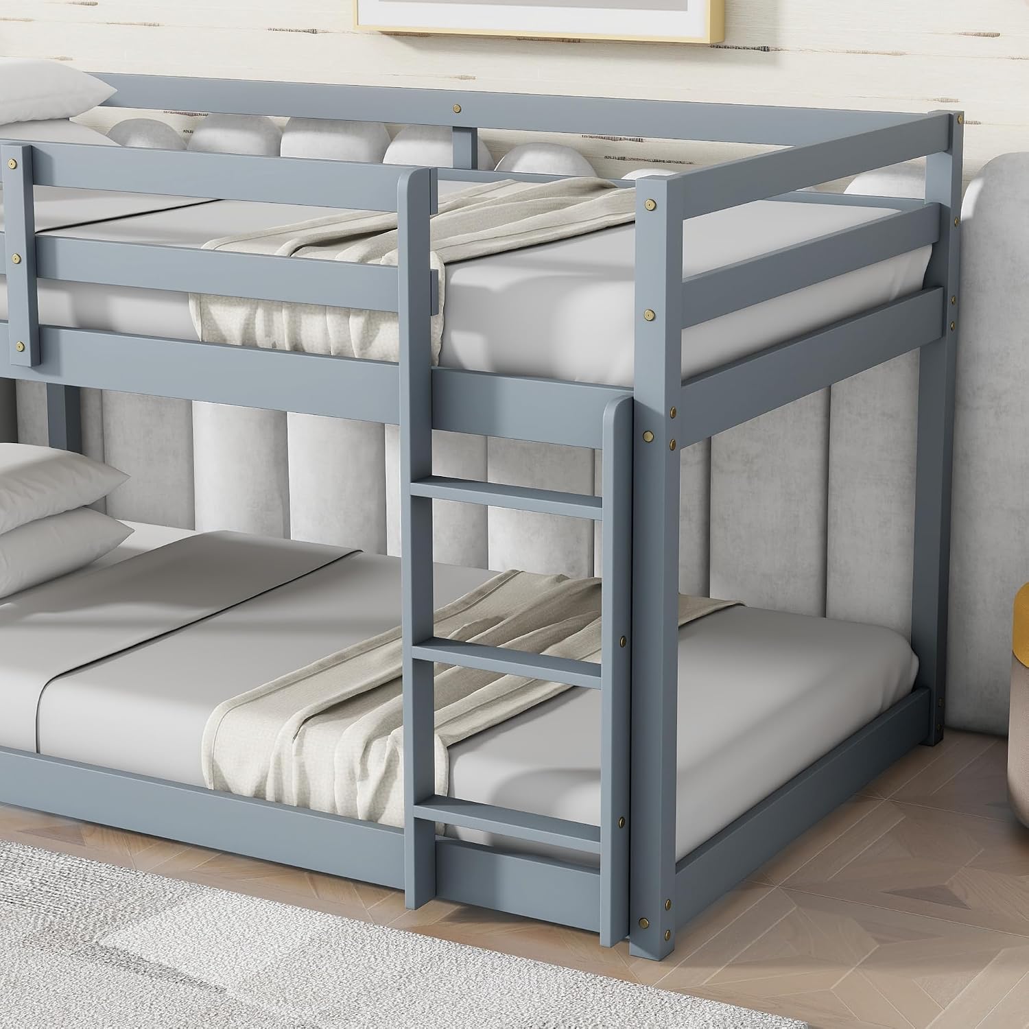 Ball & Cast Solid Rubber Wooden Twin Over Twin Bunk Bed with Ladder and Full Length Guardrail,Low Bunkbed w/Slat Support,Bedroom Furniture for Girls Boys,Grey