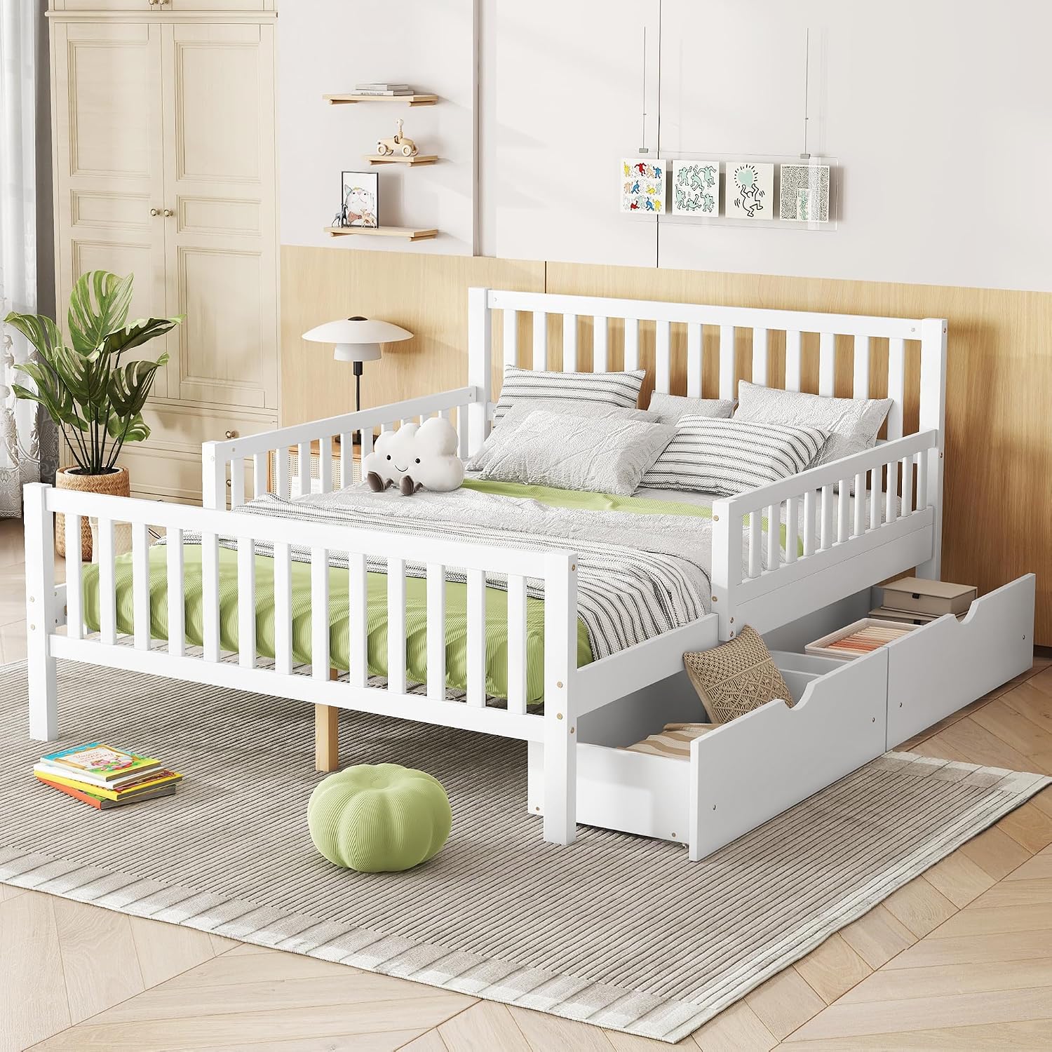 Kids Full Size Bed Frame with Storage Drawers, Wood Full Bed Frames for Kids, Full Bed Frame with Headboard and Footboard for Boys Girls, No Box Spring Needed,White