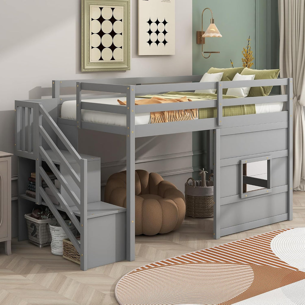 JIVOIT Low Loft Bed with Storage Staircase and Window, Twin Size Loft Bed with Guardrails and Wood Slats Support, Solid Wood Bed Frame, Space Saving Design, No Box Spring Need (Gray,Staircase+Window)