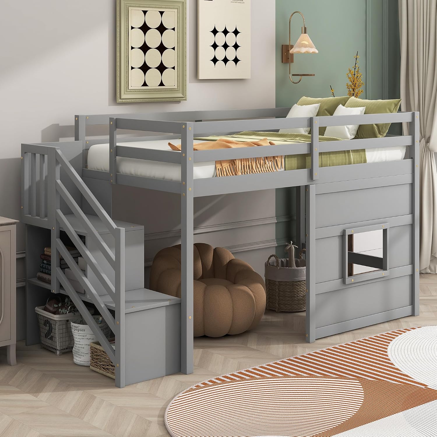 JIVOIT Low Loft Bed with Storage Staircase and Window, Twin Size Loft Bed with Guardrails and Wood Slats Support, Solid Wood Bed Frame, Space Saving Design, No Box Spring Need (Gray,Staircase+Window)