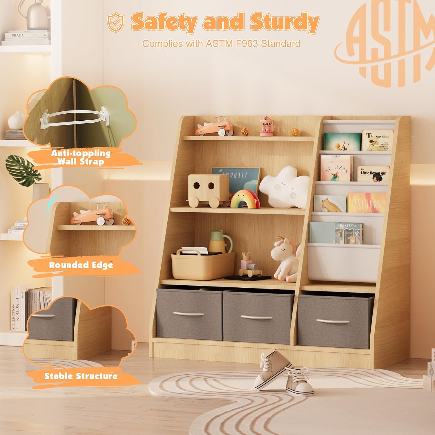 NACHES Kids Bookshelf and Toy Storage, Montessori Sling Bookcase | Wood-based, nursery & kids room storage, fabric toy bins, sling rack, anti-tip design, safety certified