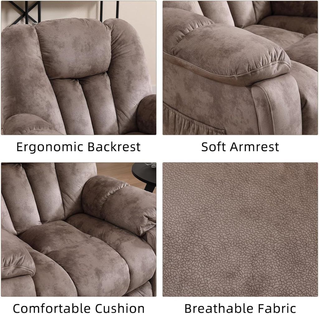 EBELLO Reclining Living Room Set, Soft Fabric Manual Recliner Sofa Furniture Set, Includes 2 Recliner Chairs with Massage and Heat and 3 Seat Sofa, Light Brown