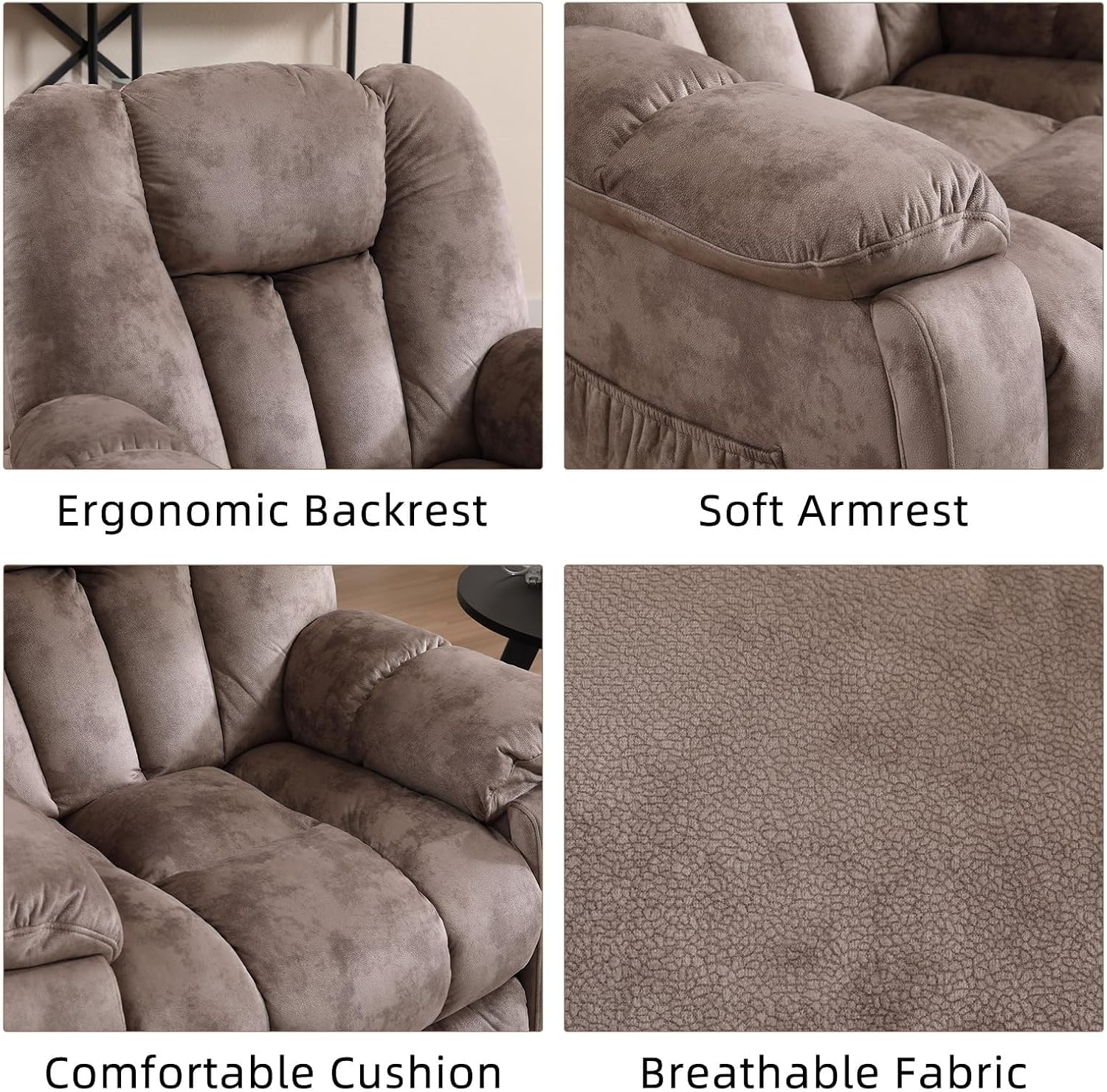 EBELLO Reclining Living Room Set, Soft Fabric Manual Recliner Sofa Furniture Set, Includes 2 Recliner Chairs with Massage and Heat and 3 Seat Sofa, Light Brown
