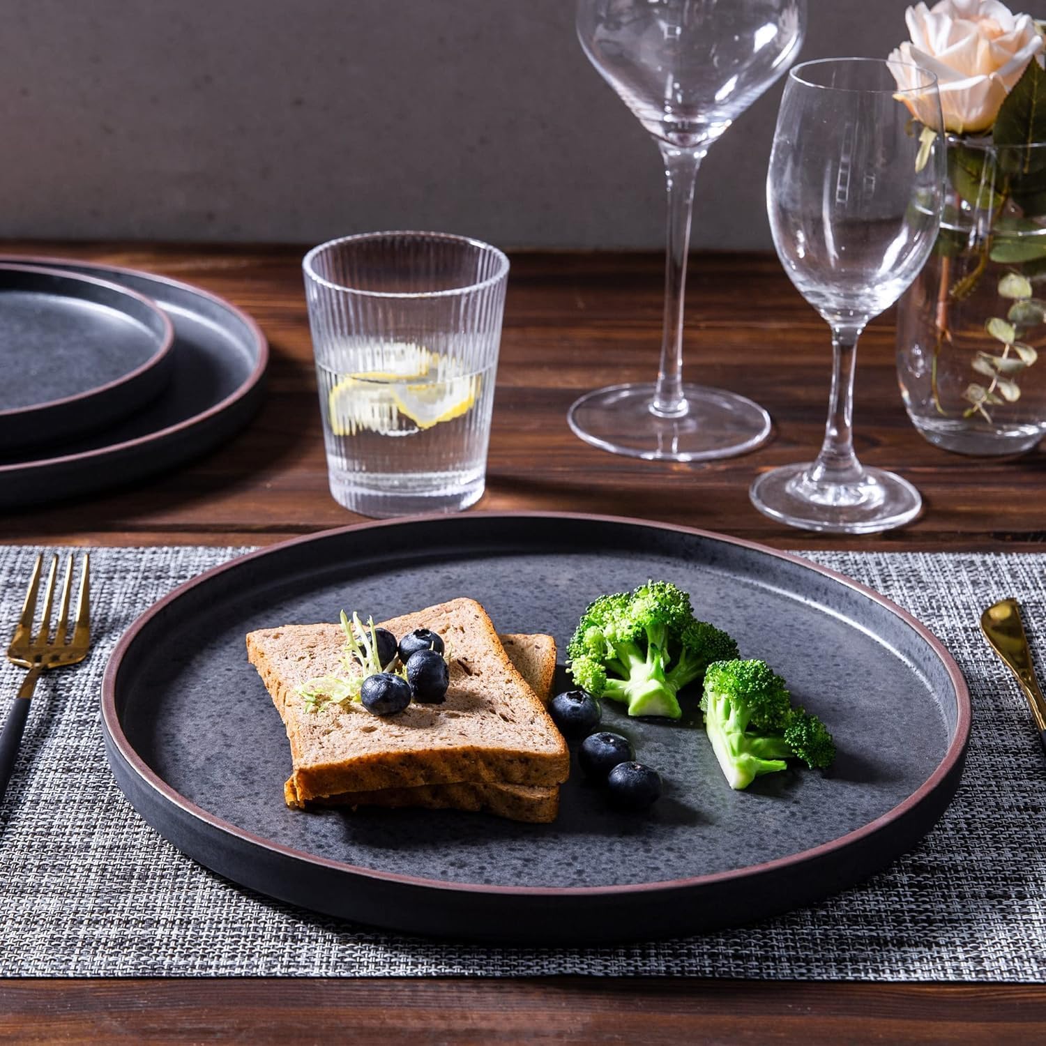 LERATIO Ceramic Dinnerware Sets for 8, High Edge Stoneware Plates and Bowls Set, Chip and Crack Resistant | Oven & Dishwasher & Microwave Safe Dishes Set, Service for 8 -Ashen