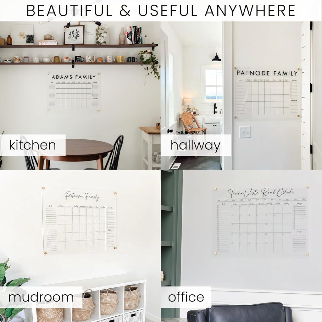 Personalized Clear Acrylic Calendar for Wall, Calendar Whiteboard for Wall, Dry Erase Wall Calendar, Wall Calendar Organizer System for Home (Block, Black, 31'W x 23'H)