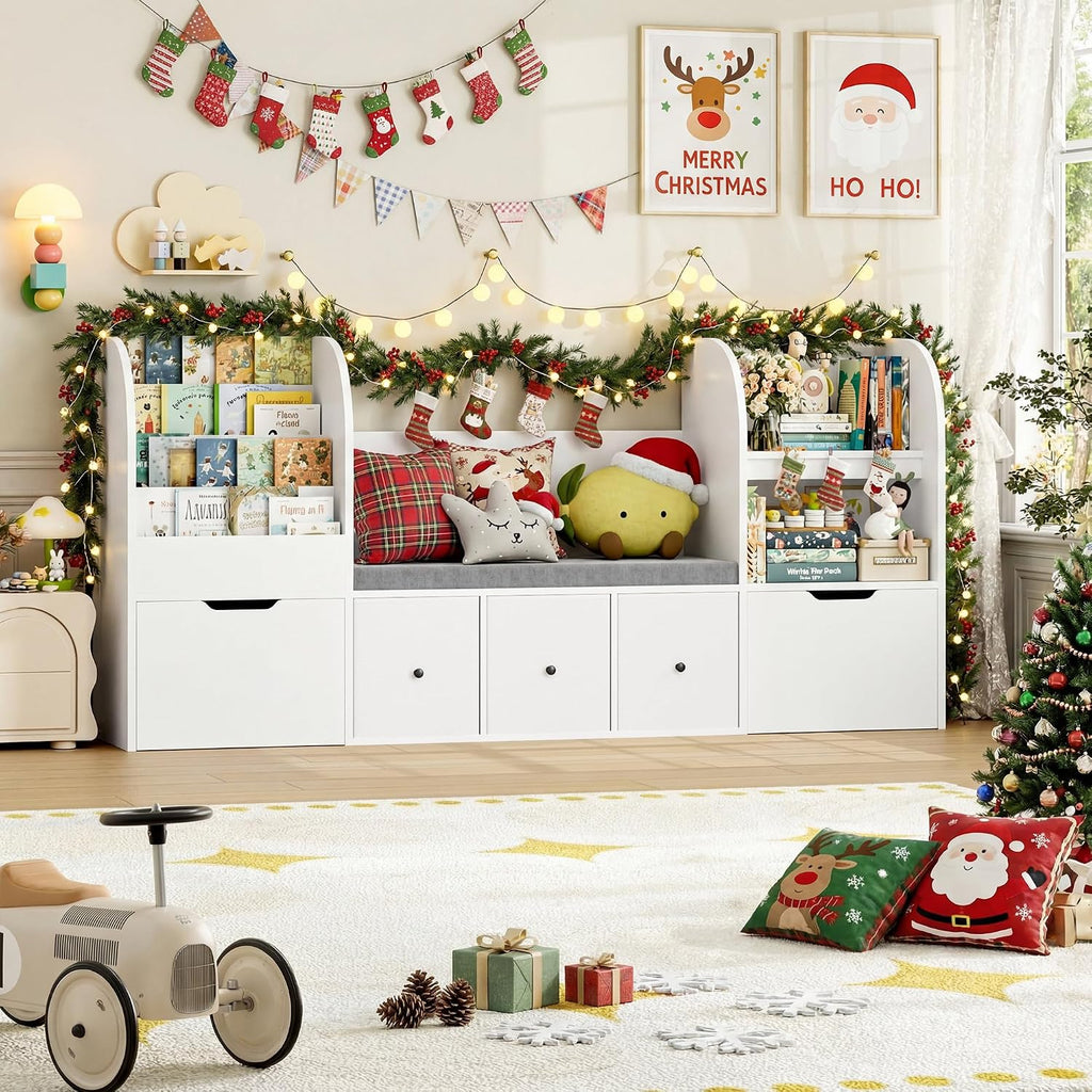 FOTOSOK 71' Toy Organizers and Storage with Seat Cushion, Kids Bookshelf with Reading Nook and 2 Movable Drawers & 3 Fabric Toy Chests, Kids Reading Nook Toy Storage with Bench for Playroom