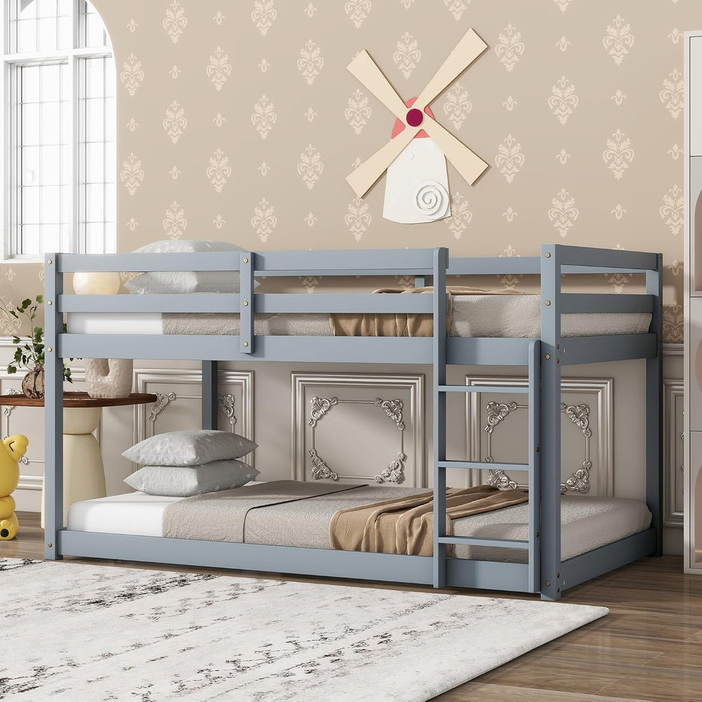 Ball & Cast Twin Over Twin Bunk Bed,Solid Rubber Wooden Low Floor Platform Bed with Ladder and Full Length Guardrail,Slat Support,Bedroom Furniture for Girls Boys,Grey
