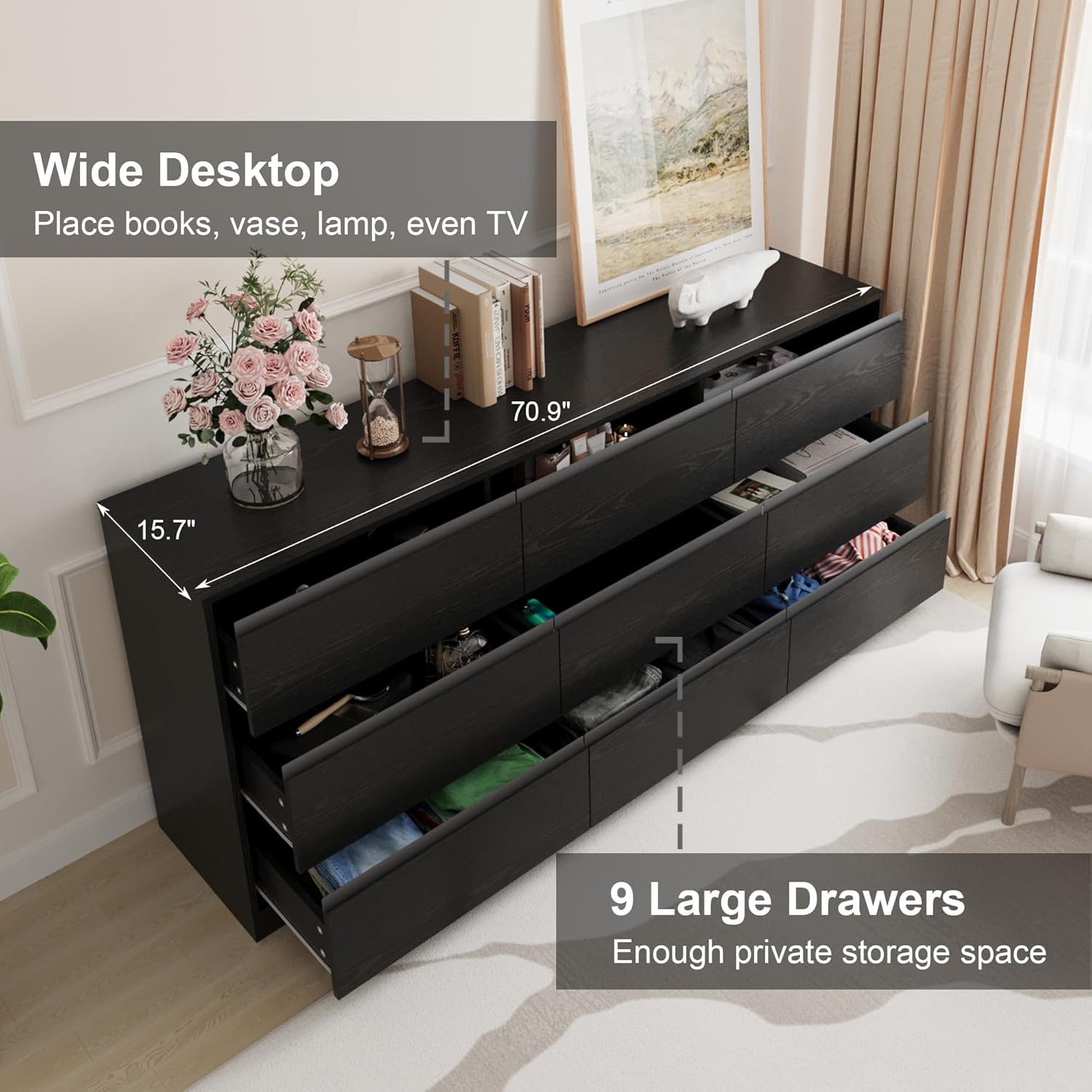Bobve 70.9' Dresser for Bedroom with 9 Drawers, Large Modern Chest of Drawers with Deep Drawers, Wide Double Dresser Handle Free, Storage Organizer for Bedroom, Living Room, Hallway (Black)