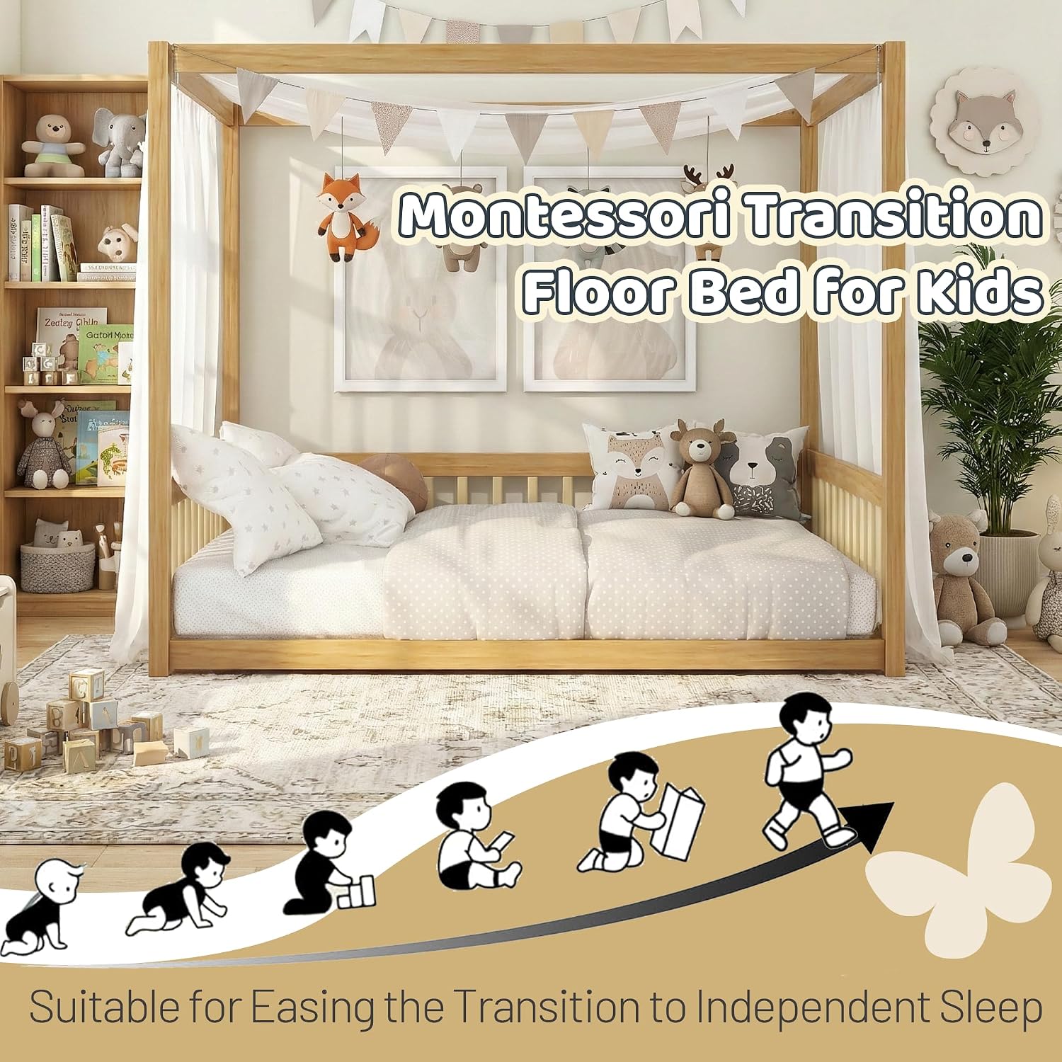 Canopy Bed Frame Full with 4 Posters and Guardrails, Rubber Wood Full Size Montessori Floor Bed with Canopy Frame, Safe and Stylish Canopy Bed Full for Kids Girls Boys,Natural
