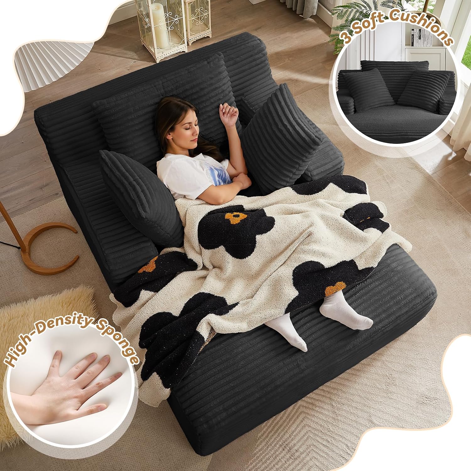 Oversized Chaise Lounge Chair Indoor, 66' Cloud Boneless Sleeper Couch Corduroy Upholstered Sofa Bed Deep Seat Comfy Reading Chair with 3 Pillows for Living Room Bedroom, Black