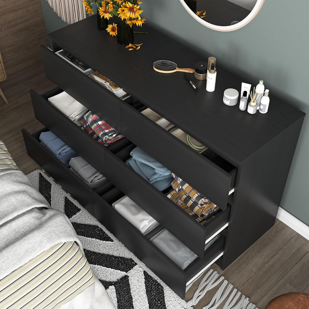 Black 6 Drawer Dresser for Bedroom, Modern Deep Drawer Dresser,Wide Chest of Drawers for Bedroom,Wood Storage Organizer Furniture,TV Dresser for Living Room