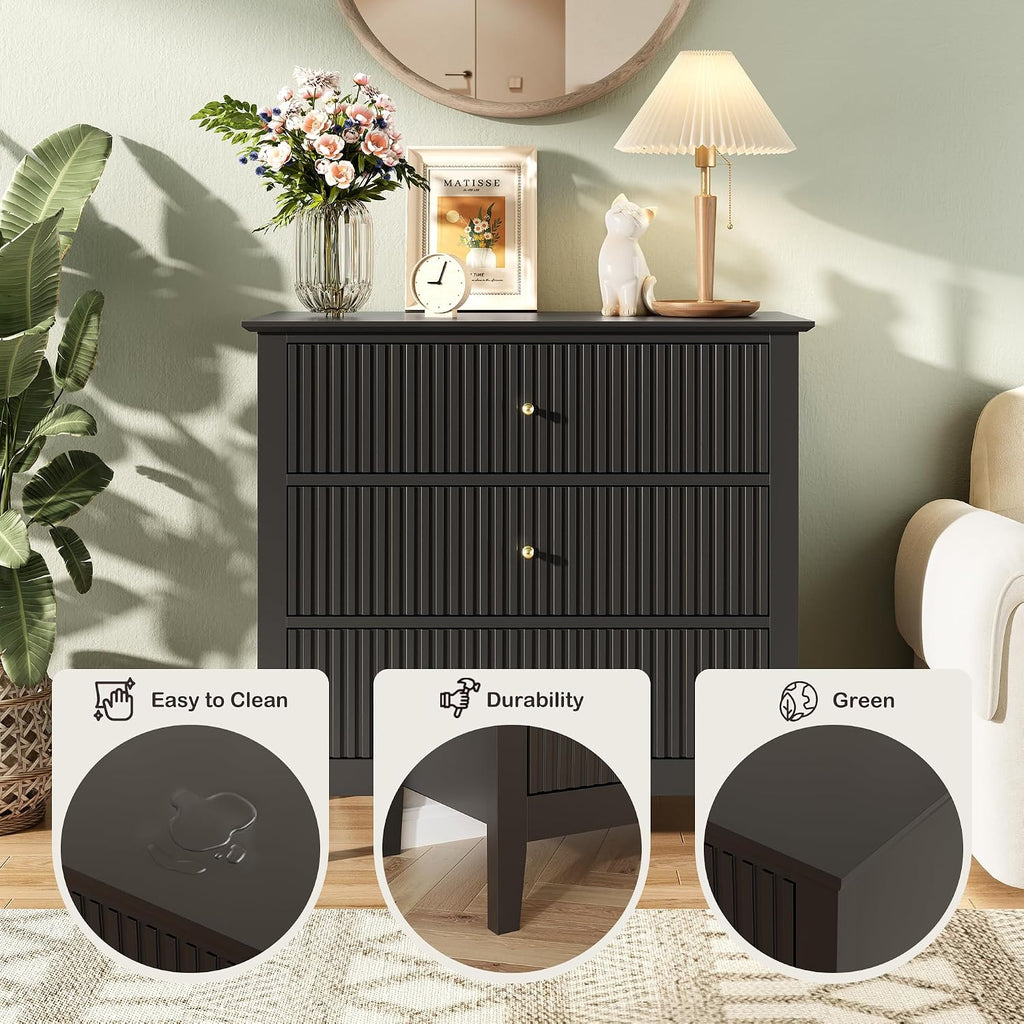 Fluted 3 Drawer Dresser Set of 2, Small Dresser Nightstand for Bedroom, Modern Wood Chest of Drawers, Wooden Dresser Nightstand with Paint Design for Closet, Hallway, Entryway, Black