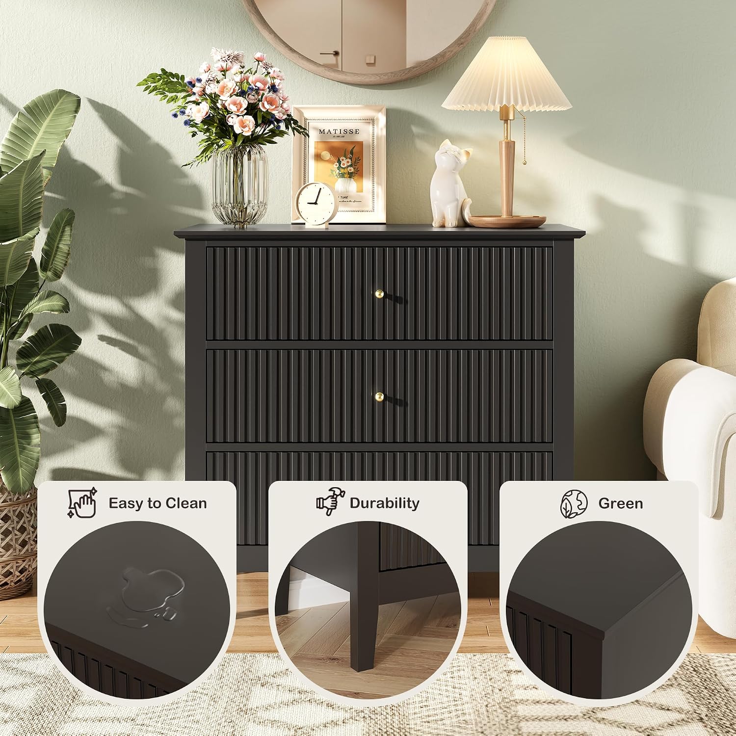 Fluted 3 Drawer Dresser Set of 2, Small Dresser Nightstand for Bedroom, Modern Wood Chest of Drawers, Wooden Dresser Nightstand with Paint Design for Closet, Hallway, Entryway, Black