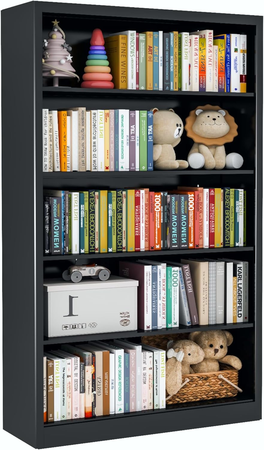 VASAAOSD Black Bookshelf, 55' Adjustable Tall Metal Bookshelf, 5-Tier Toy Storage Organizer with Anti-Tilt Device, Modern Book Cases and Book Shelves for Bedroom, Playroom, Classroom, Study
