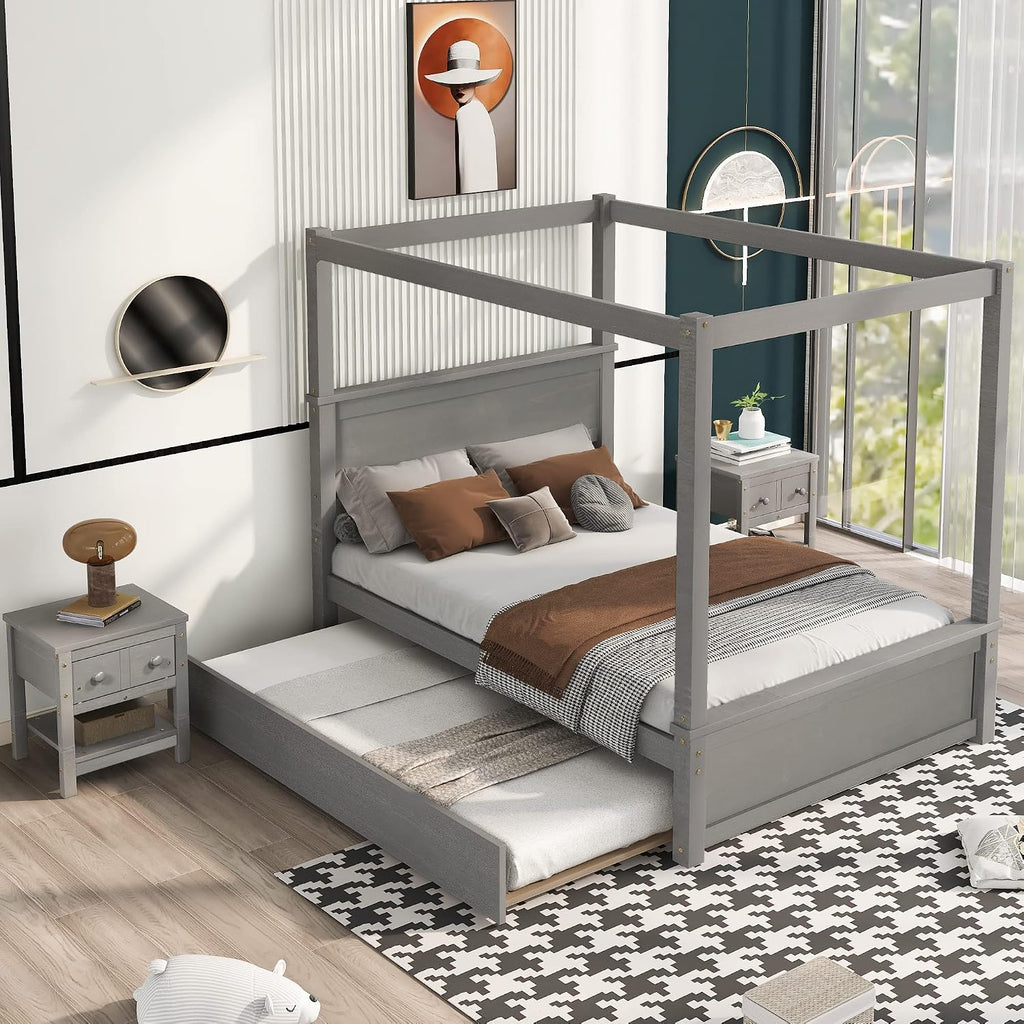 Full Size Wood Canopy Bed with Trundle Bed and Two Nightstand, Modern Bedroom Set for Kids Girls Boys Teens,Can Be Freely Decorated (Light Brown+Bedroom Set)