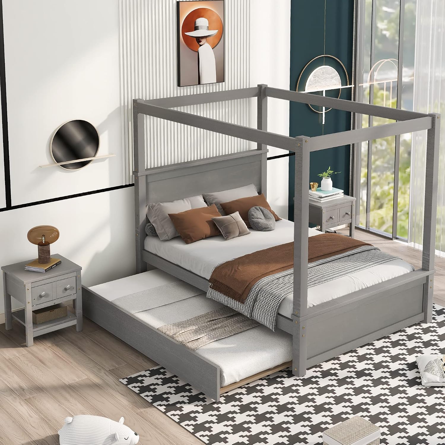Full Size Wood Canopy Bed with Trundle Bed and Two Nightstand, Modern Bedroom Set for Kids Girls Boys Teens,Can Be Freely Decorated (Light Brown+Bedroom Set)