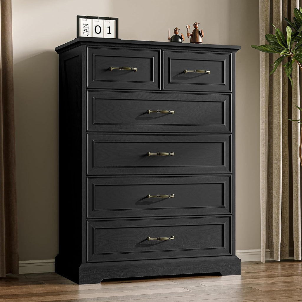 Farmhouse 6 Drawers Dresser for Bedroom, 43' Tall Wood Chest of Drawers with Deep Drawers & Bar Handles, Modern Dresser TV Stand, Rustic Wooden Closet Storage Organizer for Living Room, Hallway, Black