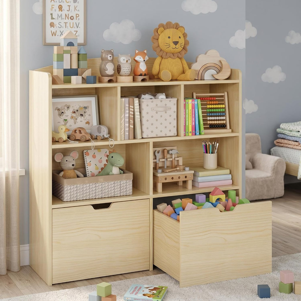 IDEALHOUSE Toy Storage Cabinet, Kids Bookshelf with Movable Drawers and Open Shelves, Kids Bookcase Organizer for Playroom Nursery Kindergarten