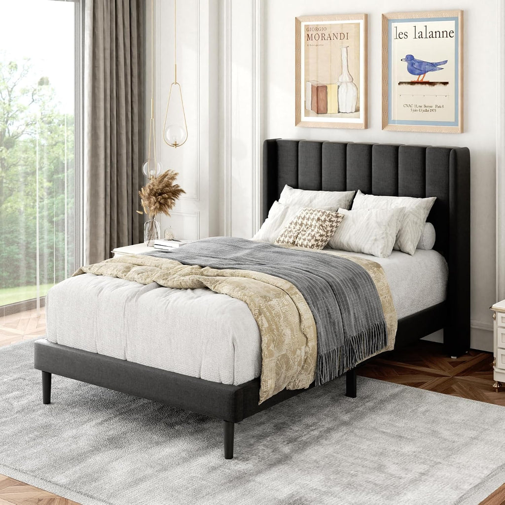 Gruwans Twin Size Bed Frame with Upholstered Wingback Headboard, Easy Assemnly Platform Bed, Wooden Slat Support No Box Spring Needed, Dark Gray