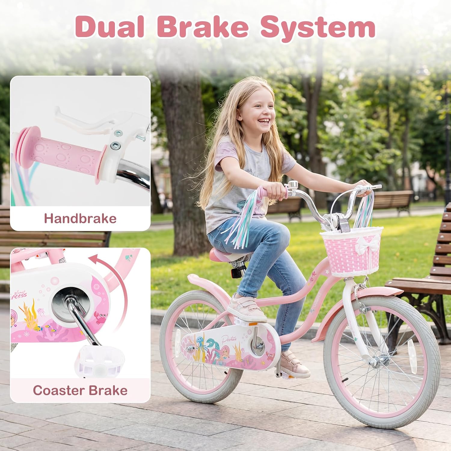 Olakids Kids Bike, 12 14 16 18 20 Inch Mermaid Theme Girls Bicycle with Training Wheels Basket Adjustable Seat and Handlebar Dual Brake