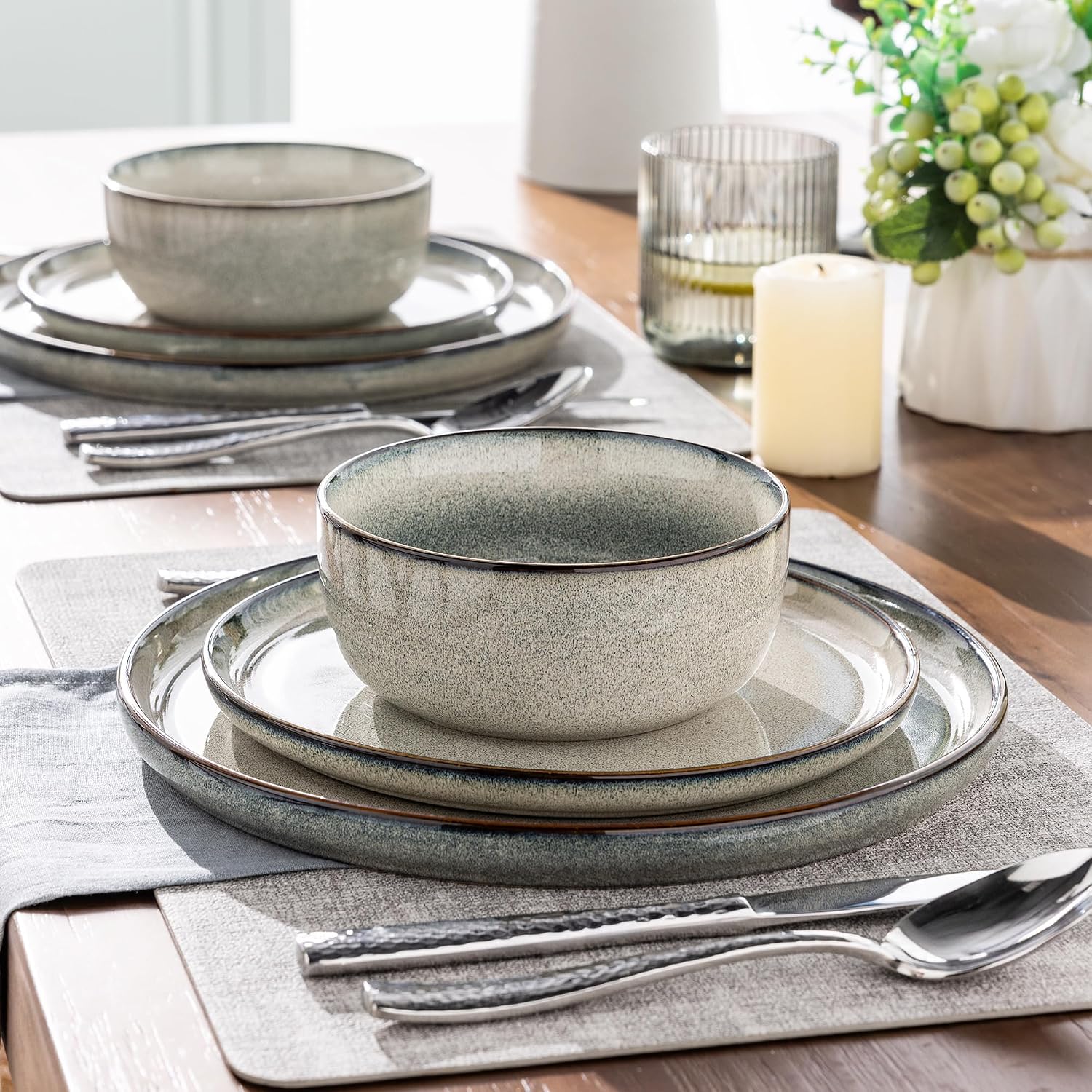 GBHOME 32 Pieces Double Bowls Ceramic Dinnerware Sets for 8, Stoneware Plates and Bowls Set with Reactive Glaze, Scratch Resistant Stoneware Dishes Set, Dishwasher & Microwave Safe