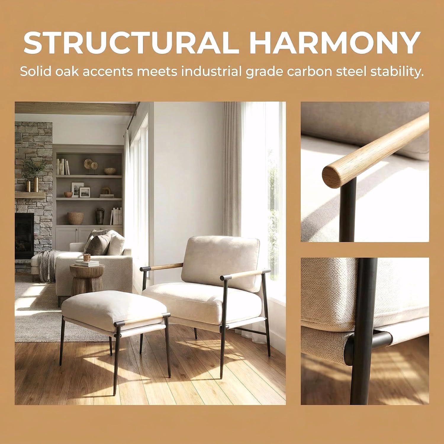 DUOMAY Mid Century Modern Accent Chair with Ottoman Set, Chenille Beige Upholstered Living Room Chair with Metal Legs Lazy Lounge Chair Set with Footrest for Bedroom Living Room