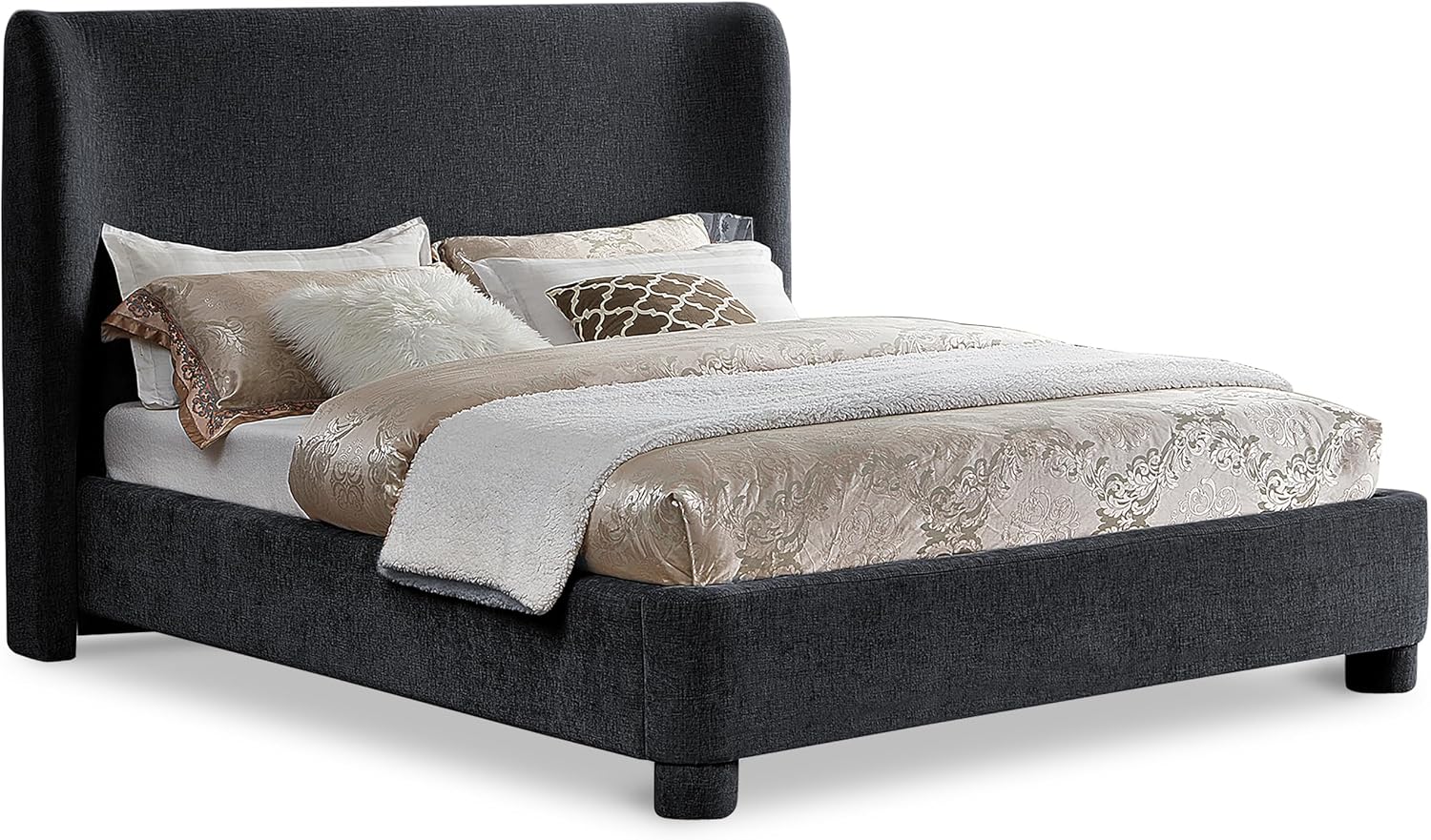 Meridian Furniture B1207Black-F Penny Collection Modern | Contemporary Full Bed with Rich Black Chenille Fabric, Curved Headboard, 67.5' W x 82.5' D x 52' H, Black, Full
