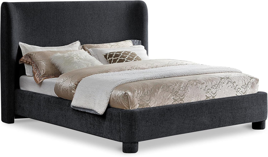 Meridian Furniture B1207Black-Q Penny Collection Modern | Contemporary Queen Bed with Rich Black Chenille Fabric, Curved Headboard, 73' W x 88' D x 52' H, Black, Queen