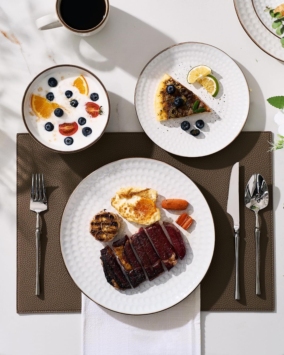 Famiware Eden Embossed Plates and Bowls Sets, Stoneware Dinnerware with Gold Trim, 18-Piece Luxury Dishes for 6, Everyday & Formal Use, Chip/Scratch Resistant, Microwave/Dishwasher Safe, White Circle