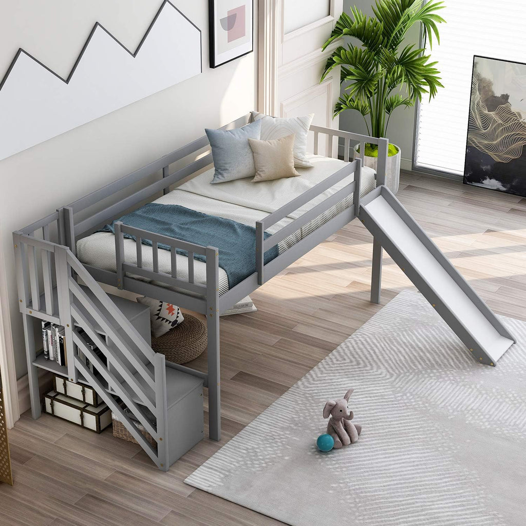 Twin Low Loft Bed with Adjustable Slide/Staircase/Storage Shelves for Kid/Boy/Girl/Teens, Full-Length Guardrails, Solid Wood, Space-Saving (Gray+Low Loft Bed)